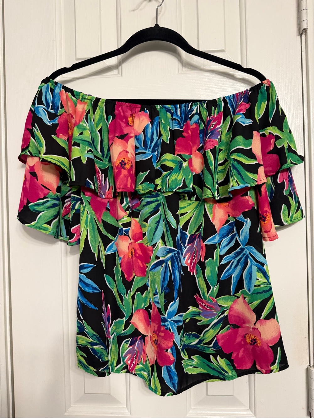 Tropical Off-Shoulder Floral Blouse - Black with Pink & Green